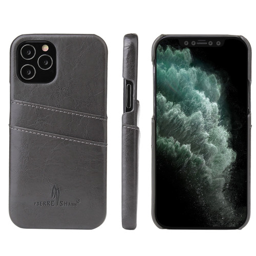 iPhone 12 / 12 Pro Fierre Shann Retro Oil Wax Texture PU Leather Case with Card Slots - Grey